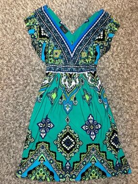 Kiara Teal and Blue Printed V-Neck Mini Dress